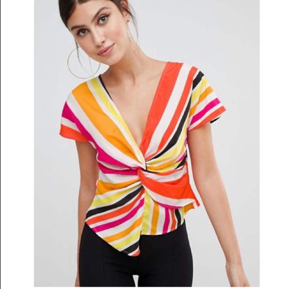 Rainbow Stripe Twist Front Top